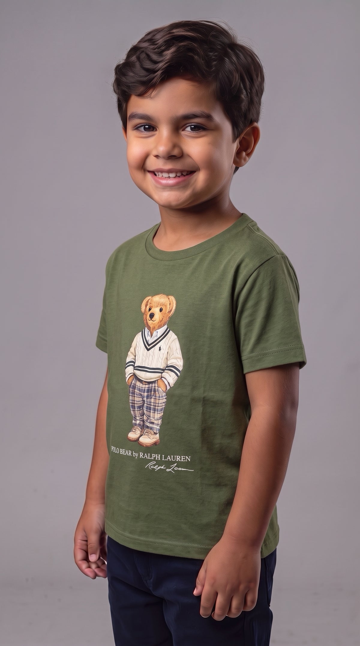 Camiseta Infantil Polo Bear Preppy Xadrez - RL Verde Militar