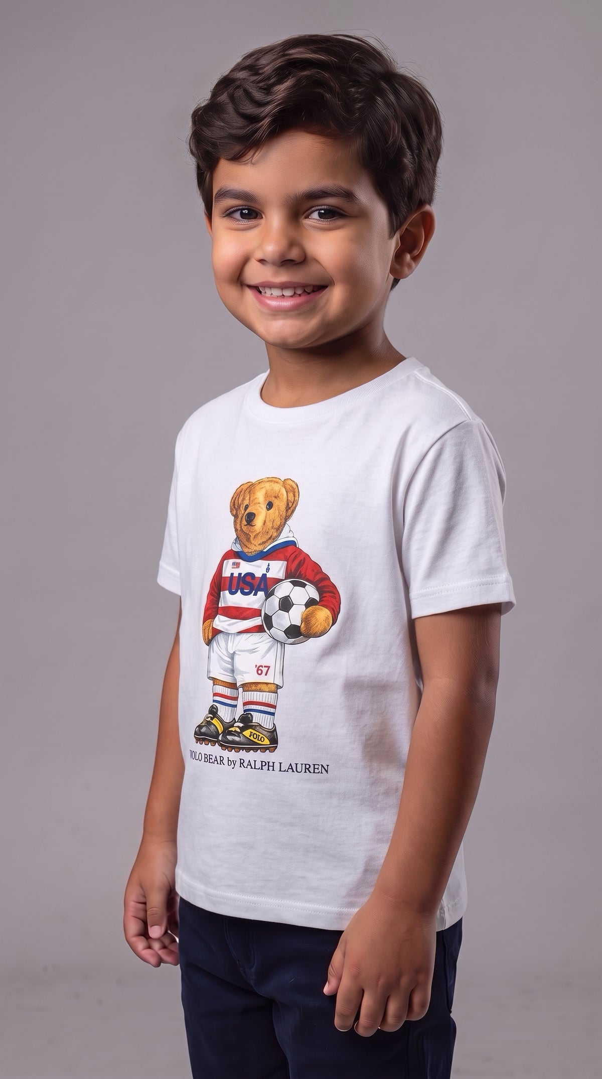 Camiseta Infantil Polo Bear Soccer USA - RL Branca