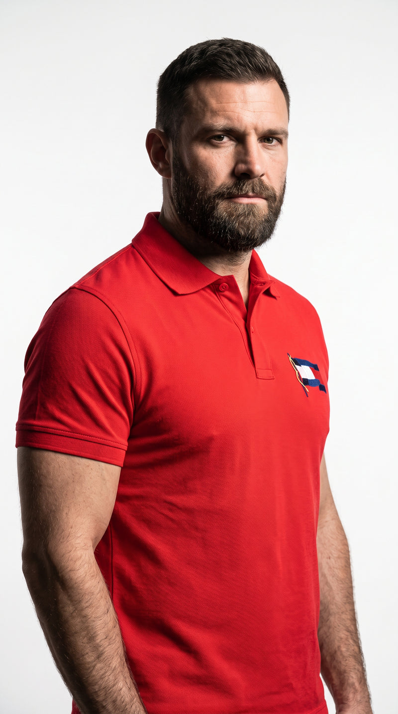 Camisa Gola Polo Vermelha Flag - Bandeira Bordada Premium