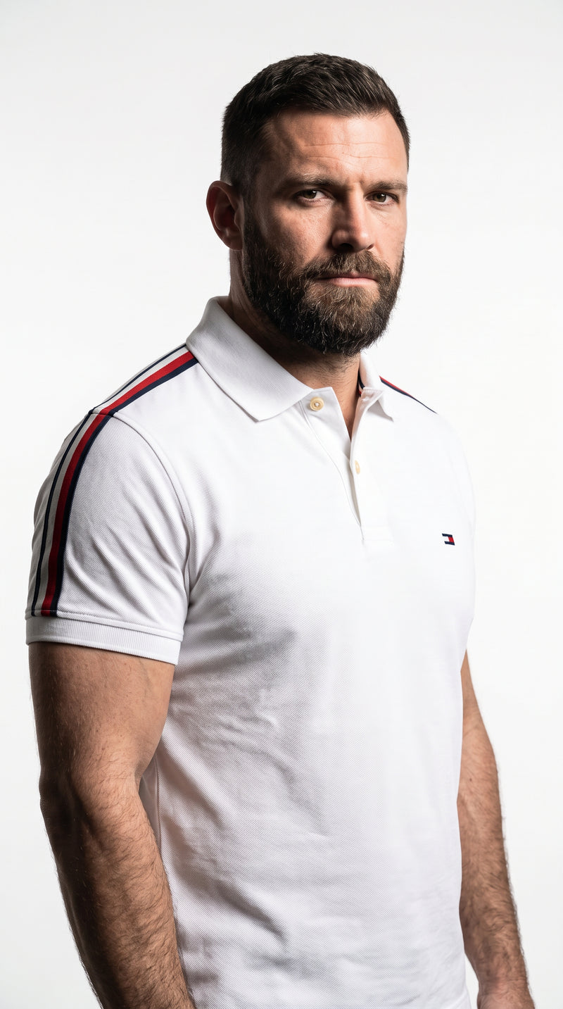 Camisa Gola Polo Branca Faixa Ombro