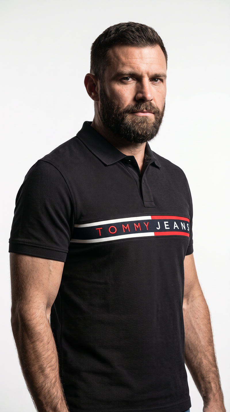Camisa Gola Polo Preta TJ Flag - Faixa Central Icon Premium