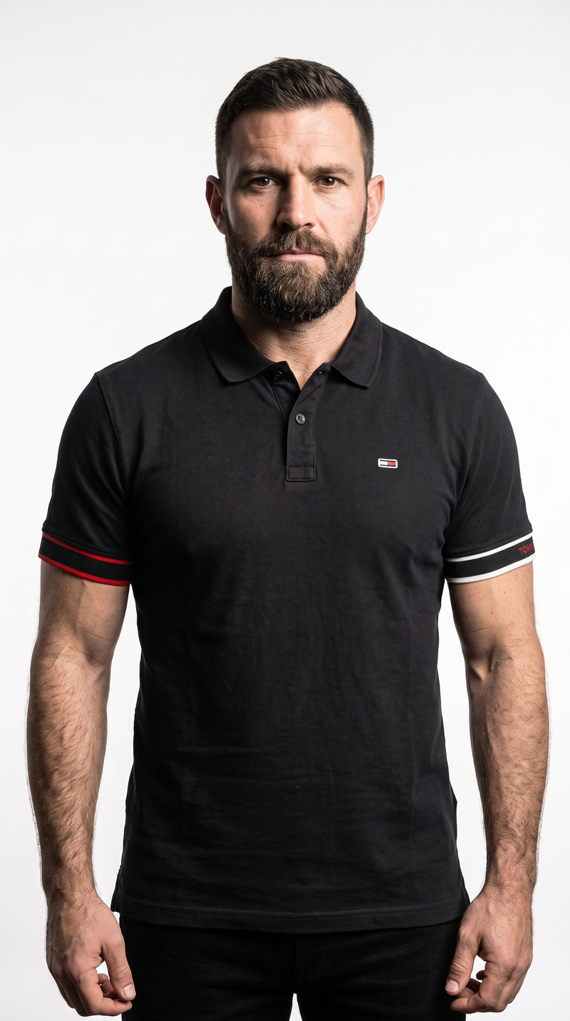 Camisa Gola Polo Preta Mini Flag - Listra Dupla na Manga