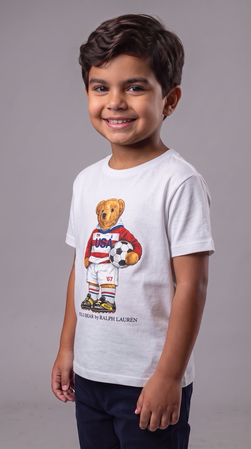 Camiseta Infantil Polo Bear Soccer USA - RL Branca