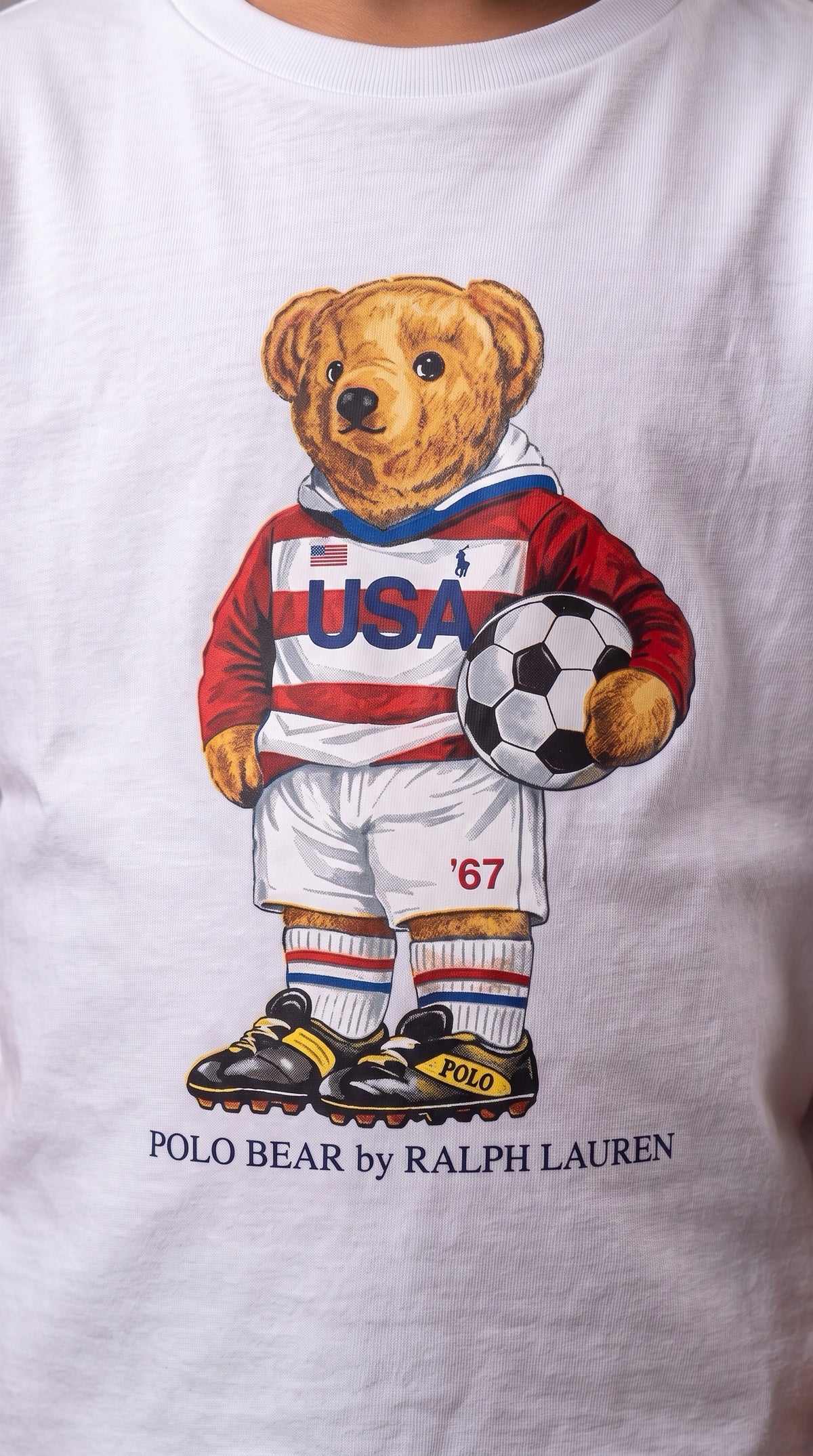 Camiseta Infantil Polo Bear Soccer USA - RL Branca