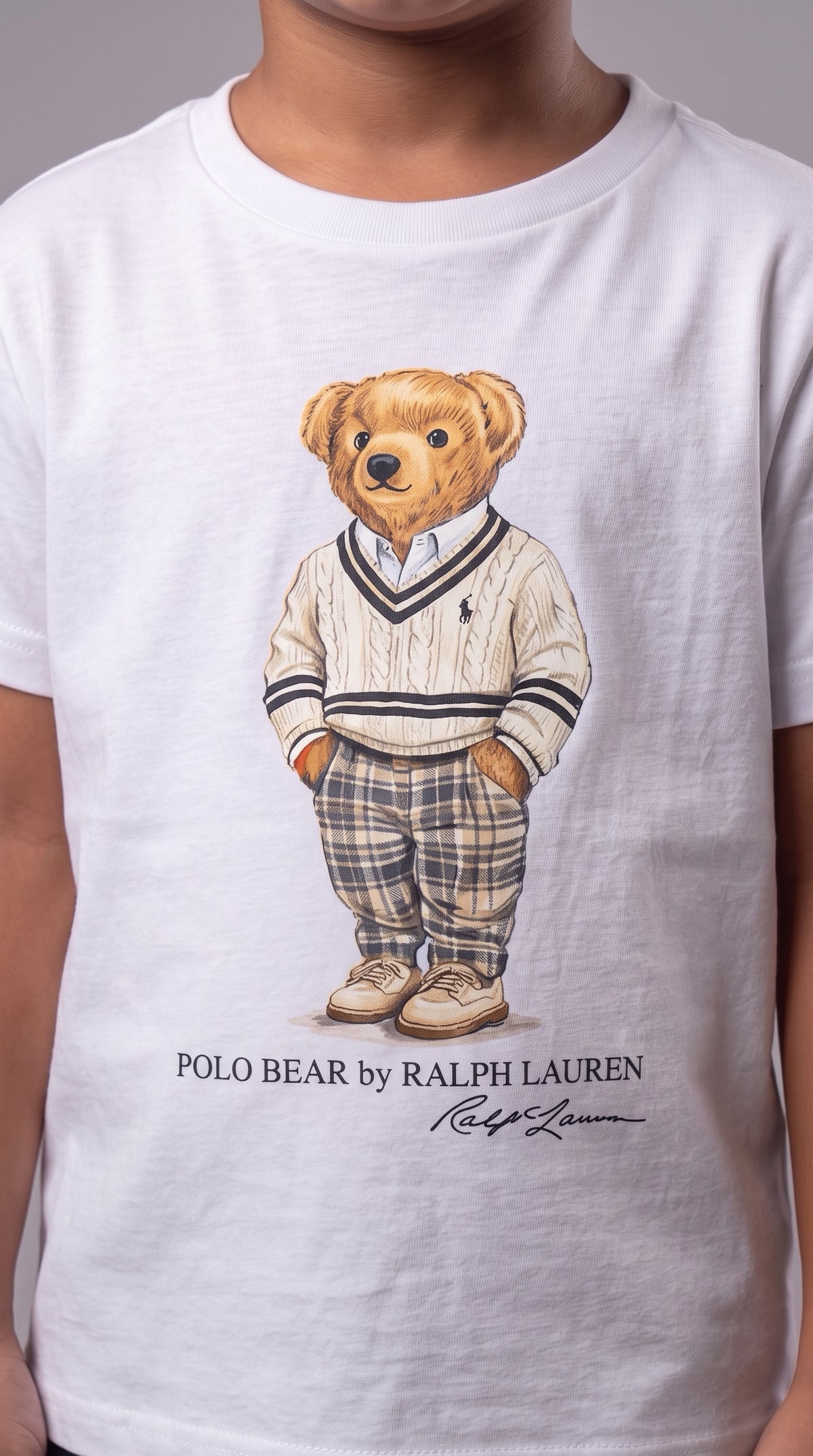 Camiseta Infantil Polo Bear Preppy Xadrez - RL Branca