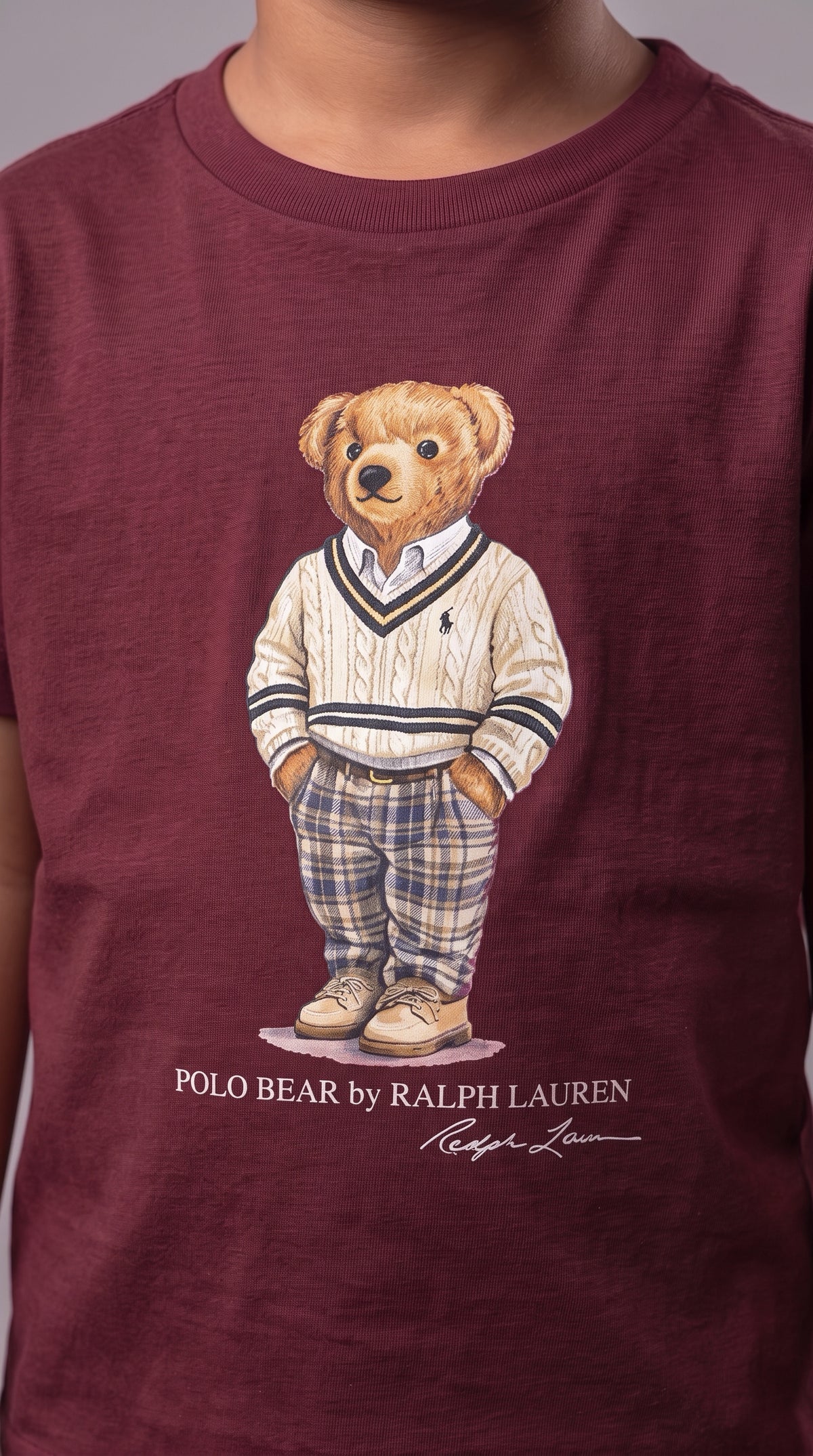 Camiseta Infantil Polo Bear Preppy Xadrez - RL Bordô