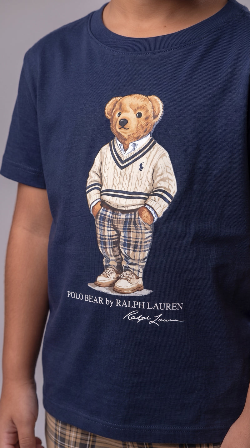 Camiseta Infantil Polo Bear Preppy Xadrez  - RL Azul Marinho