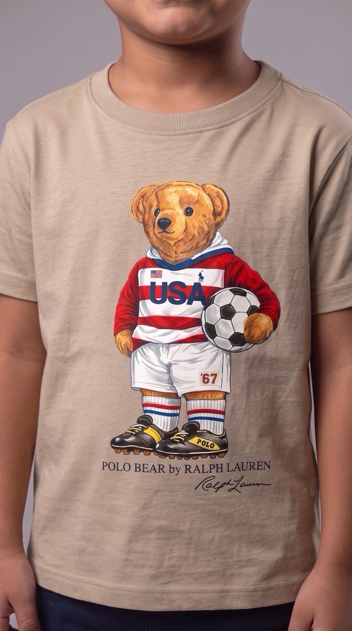 Camiseta Infantil Polo Bear Soccer USA - RL Bege