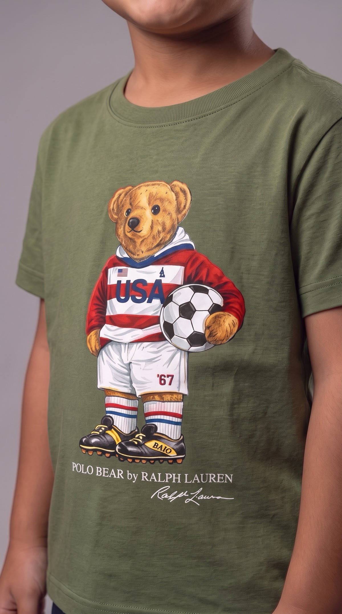 Camiseta Infantil Polo Bear Soccer USA - RL Verde Militar